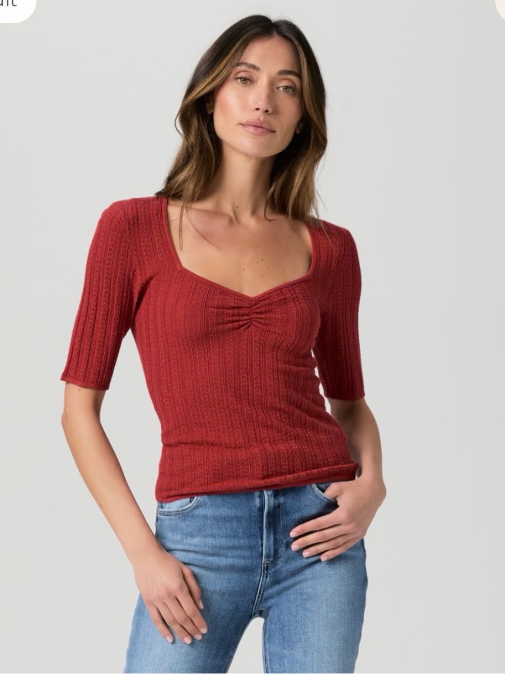Ribbed Scoop-Neck Short Sleeve Top — Red
